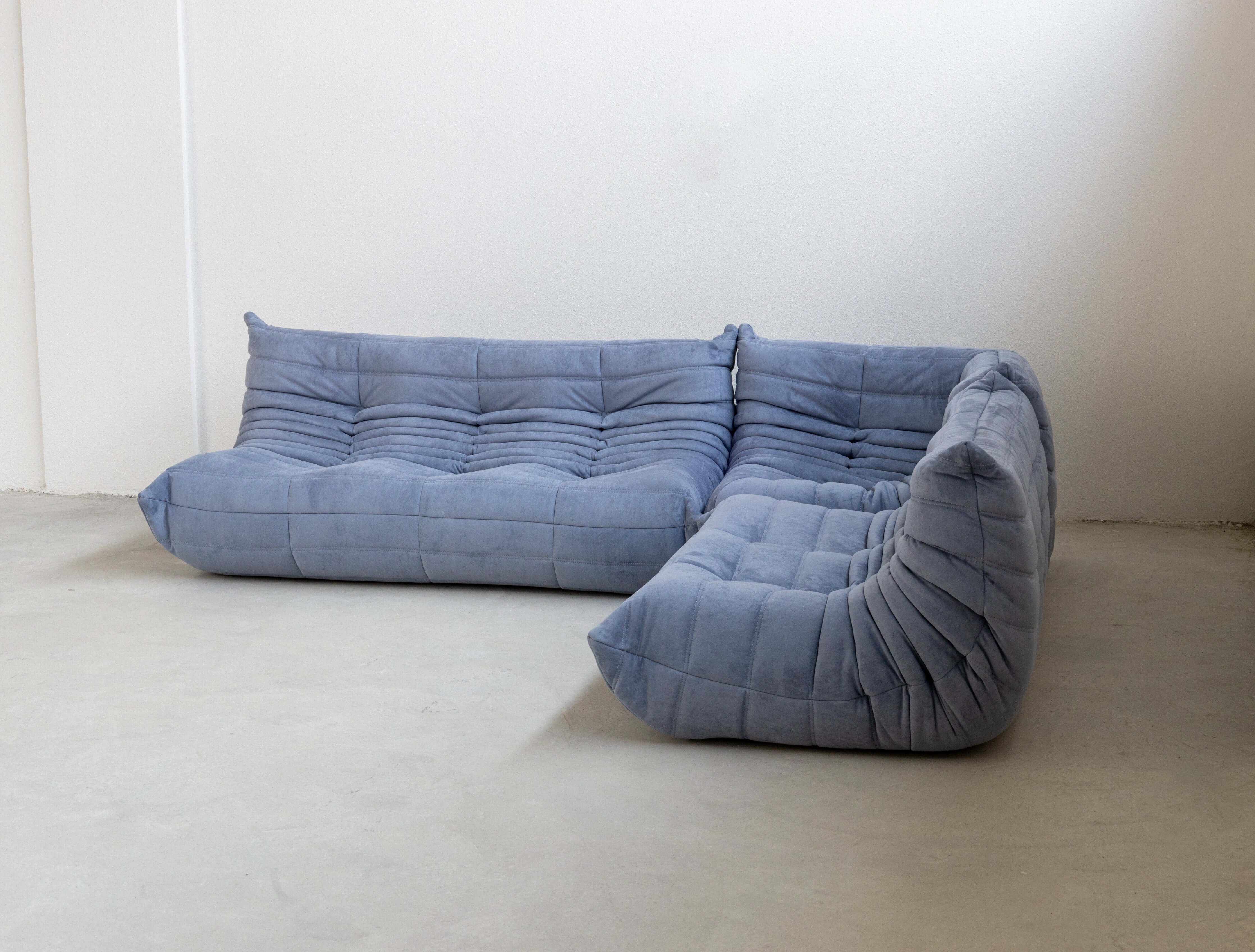 Light blue corner modular sofa with suede fabric